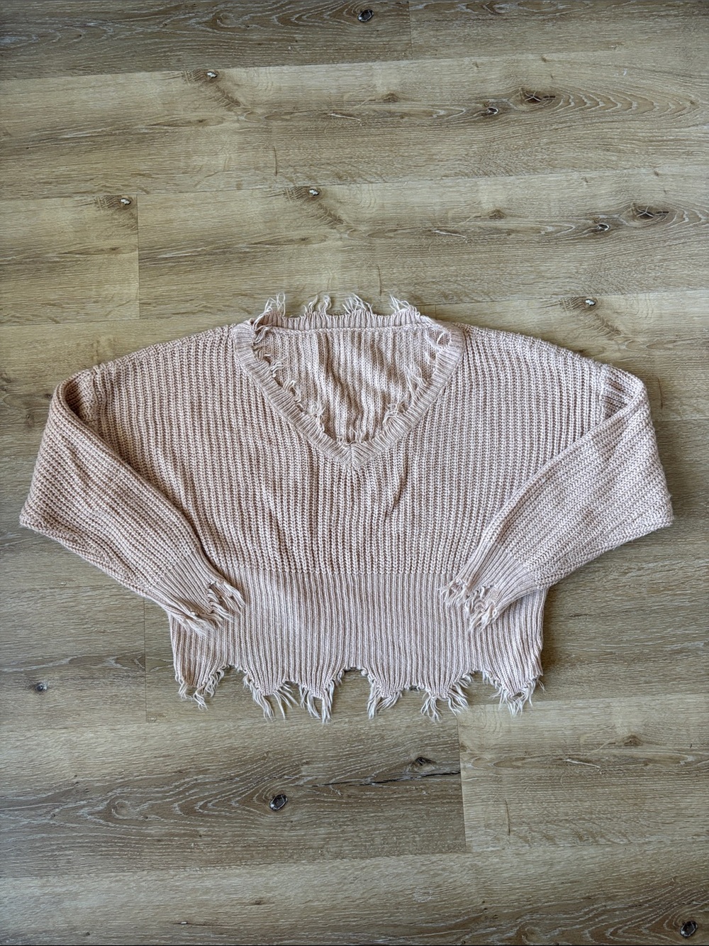 Distressed V-Neck Pullover Sweater with Frayed Hems